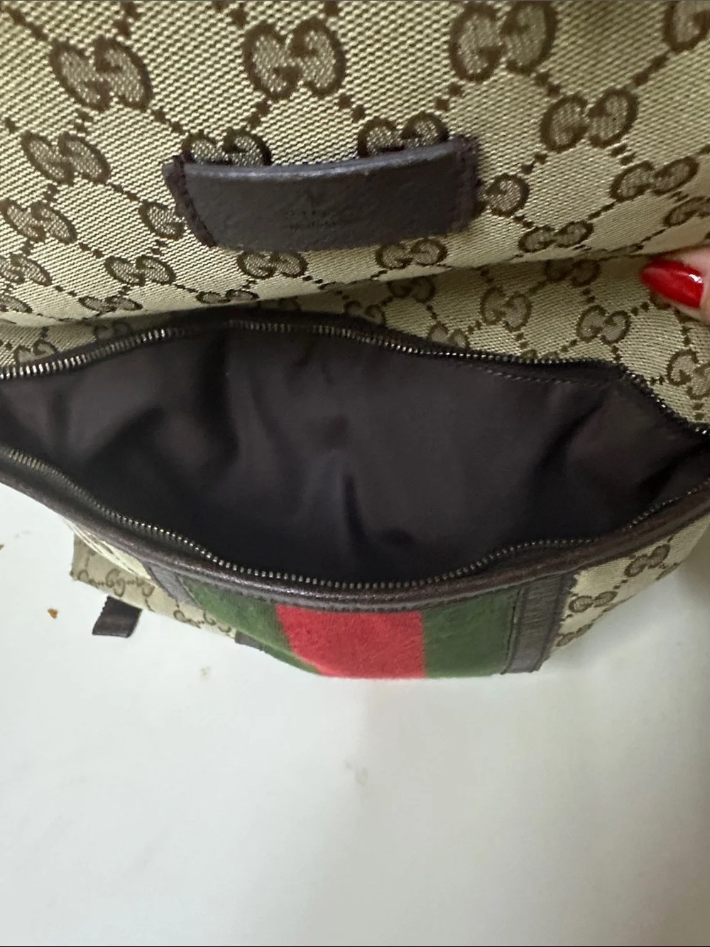 Gucci Brown GG Canvas Backpack with Red & Green Web Stripe